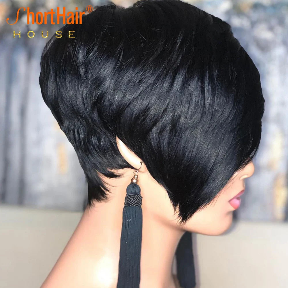 Pixie Short Cut Straight Bob Wig With Bangs For Black Women Brazilian Cheap Machine Made Human Hair Wig Natural Black Wigs