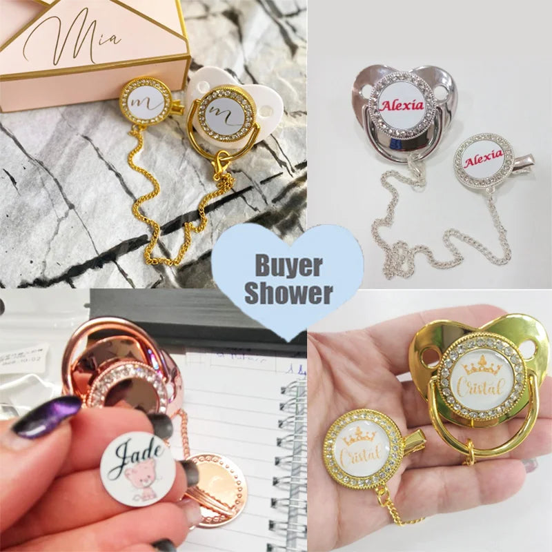 10Pcs/set Blank Baby Pacifier Clips Sublimation Custom Nipple Personalized Golden Bling Silicone Infant Dummy Newborn Pacifiers