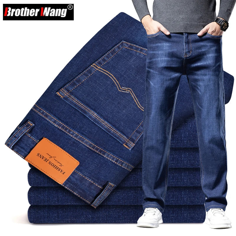 Plus Size 40 42 44 Autumn Loose Thick Blue Jeans Men Business Casual Cotton Advanced Stretch Denim Pants Male Brand Clothing