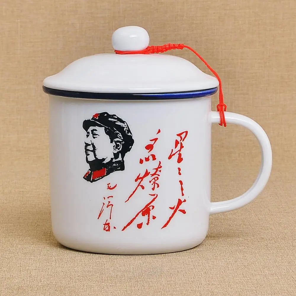 450m Nostalgic Classics Ceramic Cup With Lid China Mao Zedong Retro Drinking Glass Office Creative Tea Pot Imitation Enamel Mug