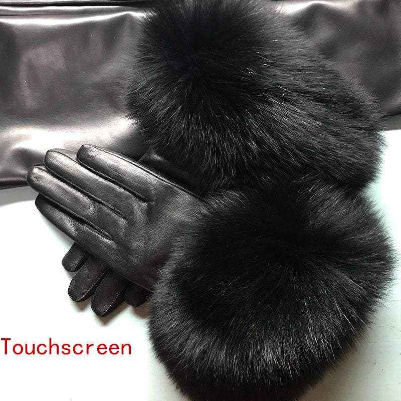 Real Sheepskin Fox Fur Gloves Women's Genuine Leather Glove Winter Warm Fashion Style Natural Fluffy Fox Fur Oversized Customize