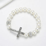 1 Pc Fashionable Imitation Pearl Beaded Bracelet Cross Pendant Elastic Bracelet Jewelry Decoration Souvenir Gift for Women