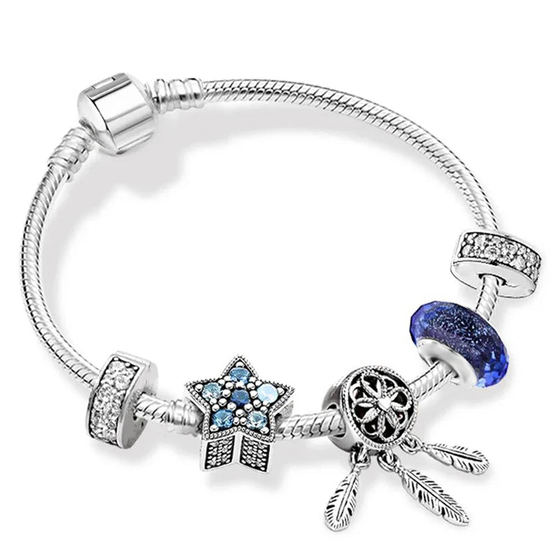 ZMFINES 2022 New Silver Color Charm Bracelets With Blue Star Moon Beads Pendant For Women Space Series Jewelry Gift Dropshipping