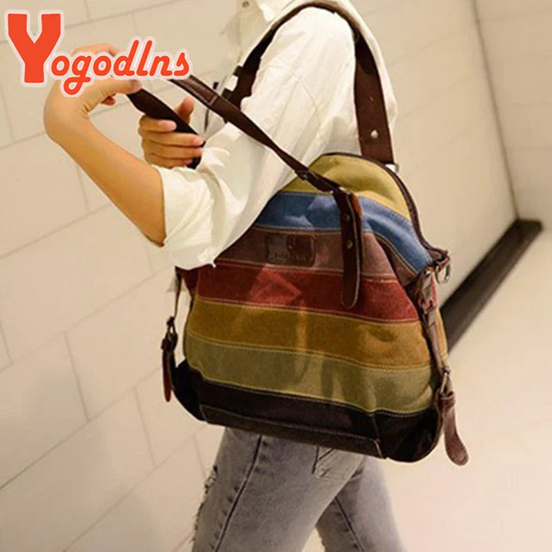 Yogodlns  Canvas Totes Striped Womens Handbag New Patchwork Rainbow Shoulder Bag Fashion Female Casual Crossbody Bag Sac a Main