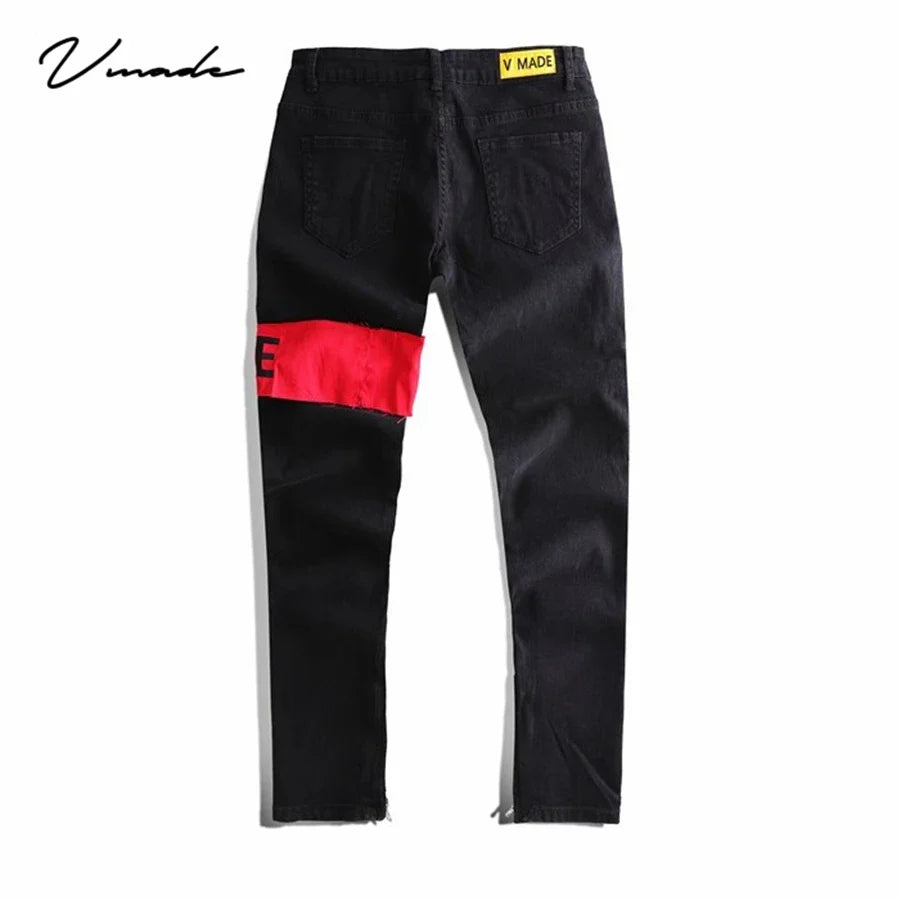 VMADE Authentics Male Washed stretch Jeans for men pants clothing Destroy Inwrought logo Zipper at inseam Slim fit Classic jean