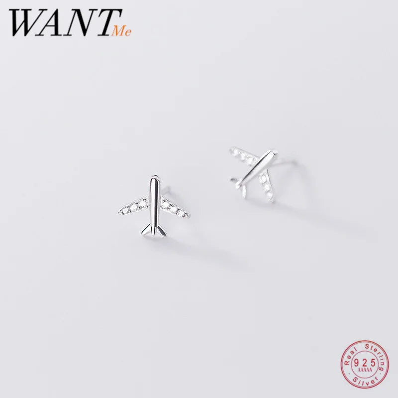 WANTME Real 925 Sterling Silver Pave Zircon Mini Aircraft Airplane Small Stud Earrings for Fashion Women Jewelry Accessories