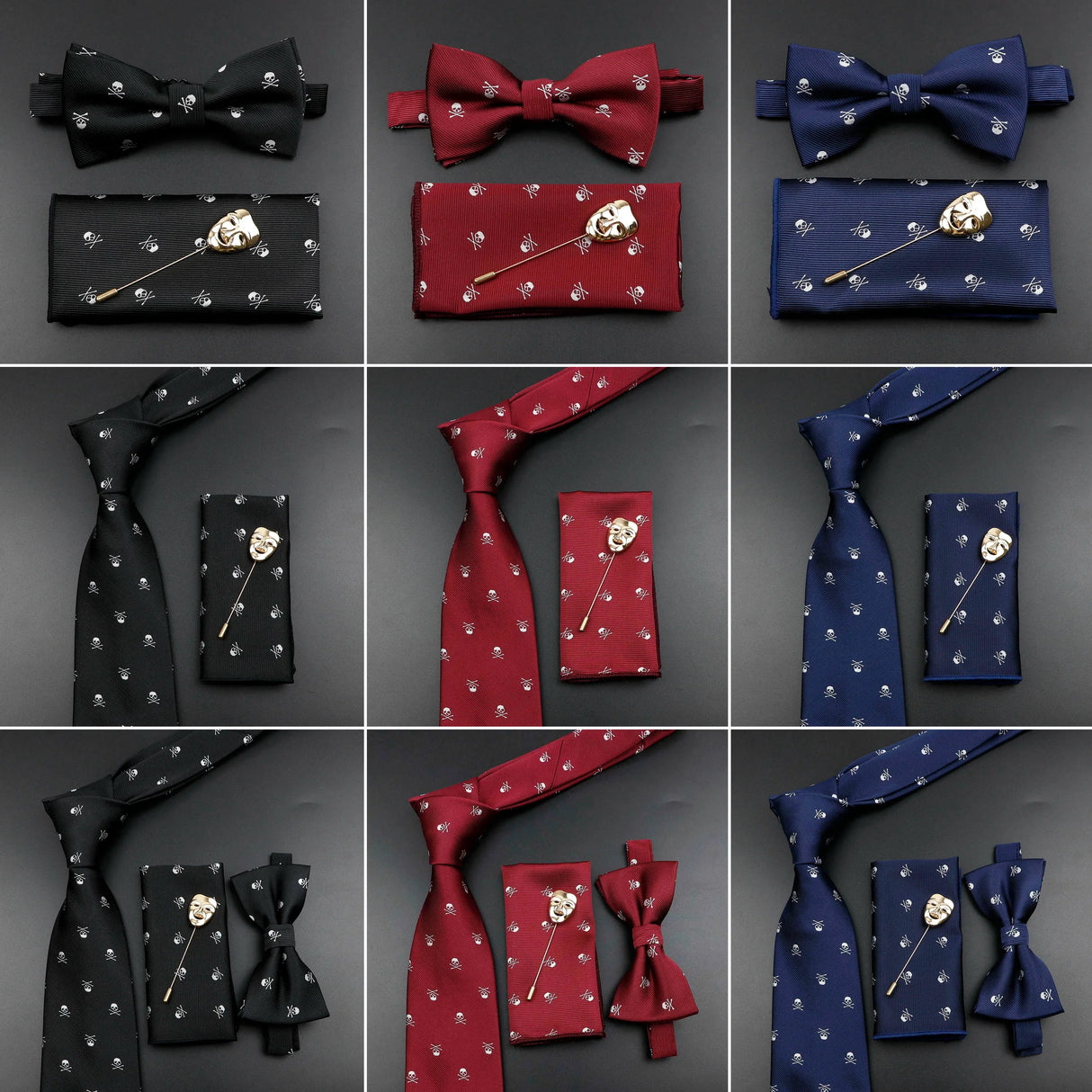 Fashion Men's Skull Tie Set New Design 8cm Polyester Suit Collar Bowtie Handkerchief Trendy Mask Brooch Luxury Wedding Accessory