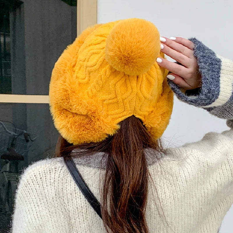 2021 New Pompom Winter Hats For Wome Earmuffs Thicken Ear-flapped Hat Fleece Lined Girl Knit Bonnets Cute Ladies Ear Beanies Cap