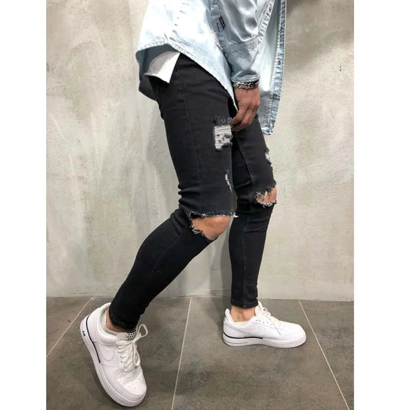 Men Jeans Streetwear Knee Ripped Skinny Hip Hop Fashion Estroyed Hole Pants Solid Color Male Stretch Casual Denim Big Trousers