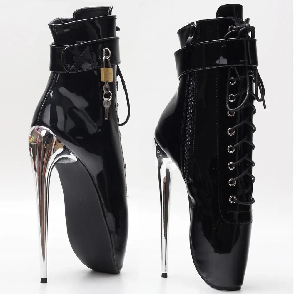 JIALUOWEI New 7Inch Stiletto High Heel Lock Wrap Strap Ankle Length Fetish Ballet Boots In Stock Shipping Fast