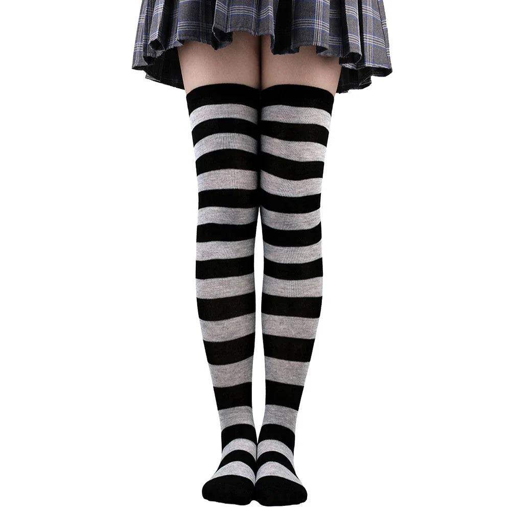 Women's Thigh High Over The Knee Socks For Girls Black White Striped Stockings Long Slouch Socken Kawaii Knit Leg Warmers Soks