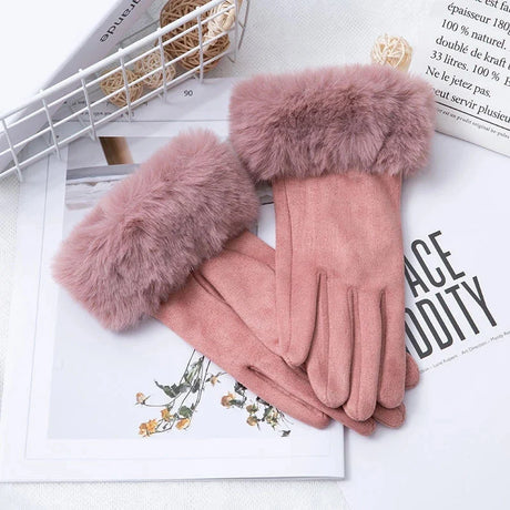 Korean Suede Leather Sports Cycling Warm Gloves Women's Winter Plus Velvet Thicken Full Finger Touch Screen Driving Mittens H92