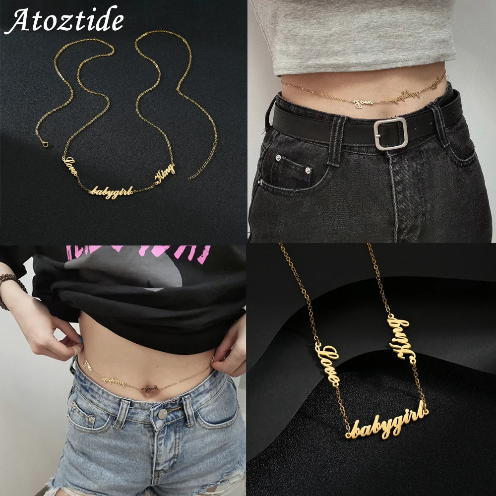 Atoztide Custom Multiple Names Stainless Steel Letter Waist Chain Customized Simple Sexy Body Chain for Women  Christmas Gift