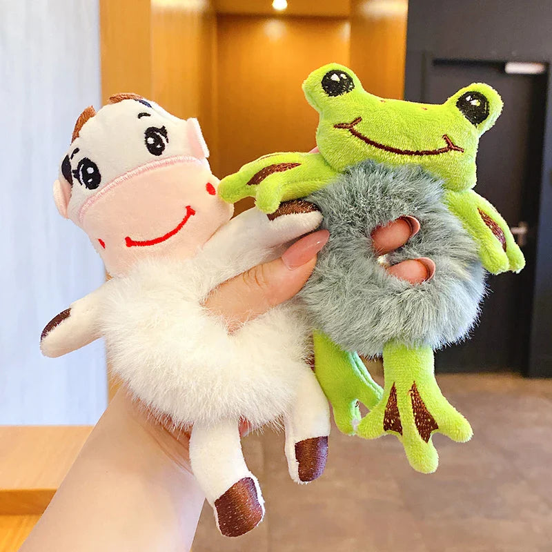 2pcs Plush Animal Scrunchie Set Elastic Hair tie Ponytail Rubber Band Accessories Kawaii Stuffed Cartoon Frog Cat Hair Rope Girl