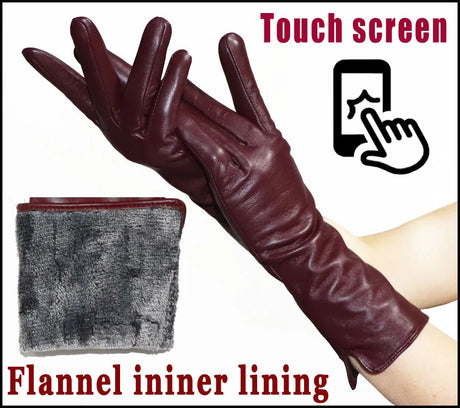 Leather Gloves Women's Sheepskin Mid-length Plus Velvet Thickened Winter Warmth Color Touch screen Authentic 2023 New style