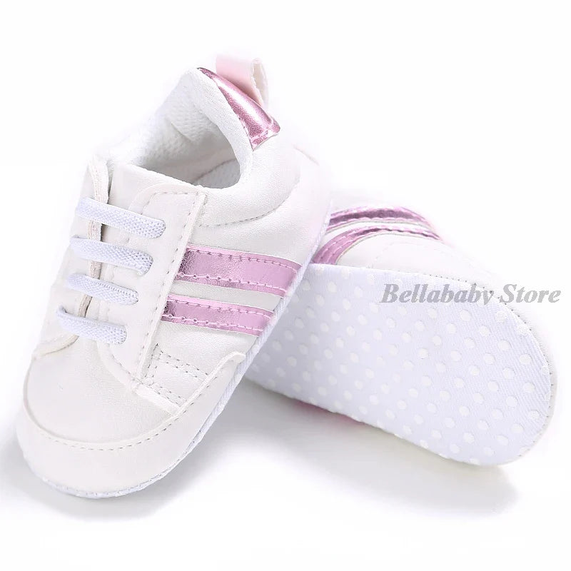 First Walkers Baby Girl Gold Shoes Autumn PU Leather Toddler Boy Sneaker Striped Black Newborn Baby Shoes Outdoor Soft Anti-slip