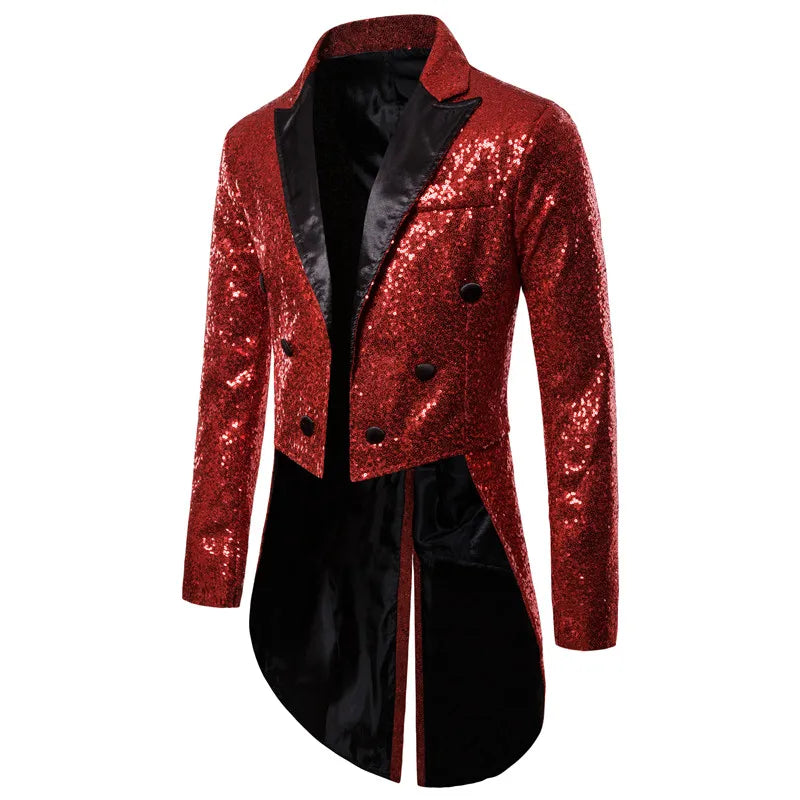 Men’ s Suit, Sequins Turn-Down Collar Long Sleeve Swallow-Tailed Coat for Men, S/M/L/XL/XXL