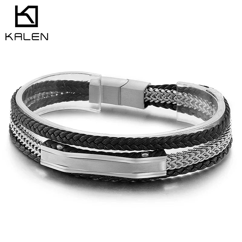 Kalen Gold Silver Color Cowhide Braided Chain Stainless Steel Leather Men&#39;s Charm Bracelet Jewelry