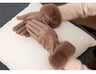 Female Faux Rabit Fur Suede Leather Touch Screen Driving Glove Winter Warm Plush Thick Embroidery Full Finger Cycling Mitten H92