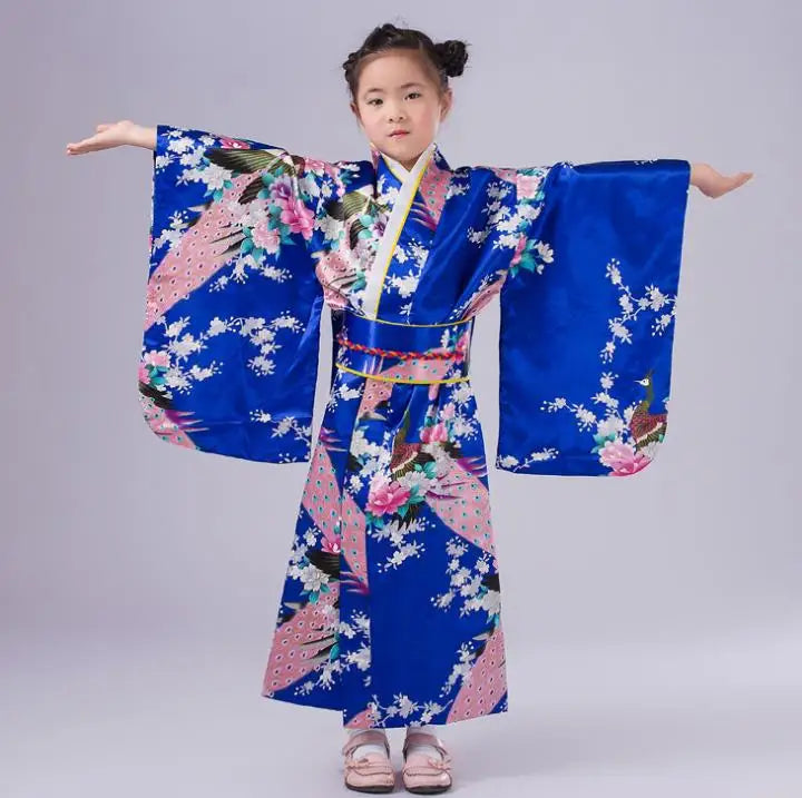 Children Kimono Traditional Japanese Style Peacock Yukata Dress for Girl Kid Cosplay Japan Haori Costume Asian Clothes