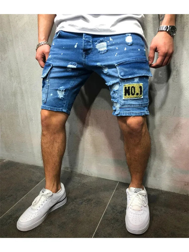 Summer New Men's Stretch Straight Short Jeans Fashion Casual Slim Fit High Quality Elastic Badge Pockets Hole Denim Shorts Male