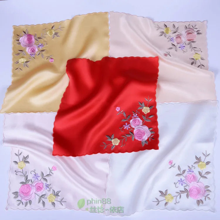 Women's 100% Pure Silk 16.5 mm satin silk embroidery Square handkerchief 26cm 10" WJ007