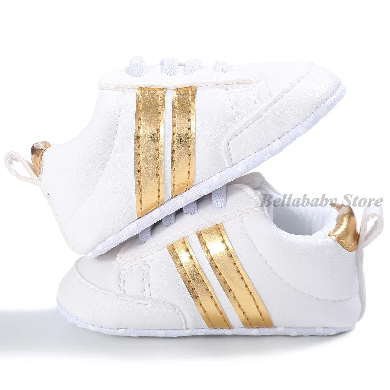 First Walkers Baby Girl Gold Shoes Autumn PU Leather Toddler Boy Sneaker Striped Black Newborn Baby Shoes Outdoor Soft Anti-slip