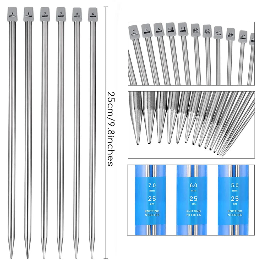 22Pcs Stainless Steel Knitting Needles 2 mm-8 mm Straight Single Pointed Crochet Hook Sets 25/35cm Sweater Needles for Knitting