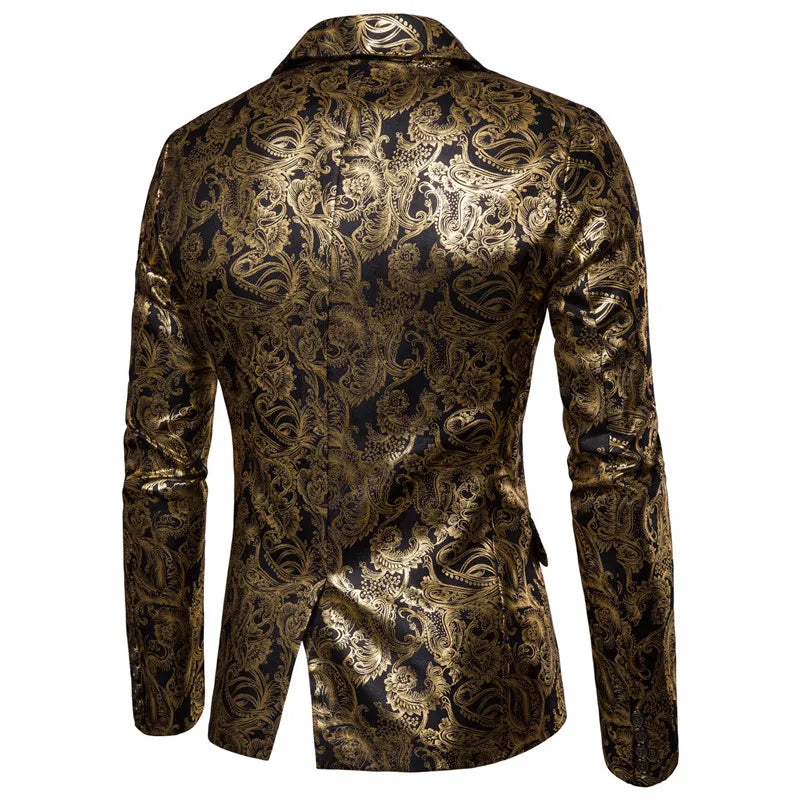 Men's Golden Floral Blazers Business Casual Suit Wedding Dress Gold Blazer Coats Jackets