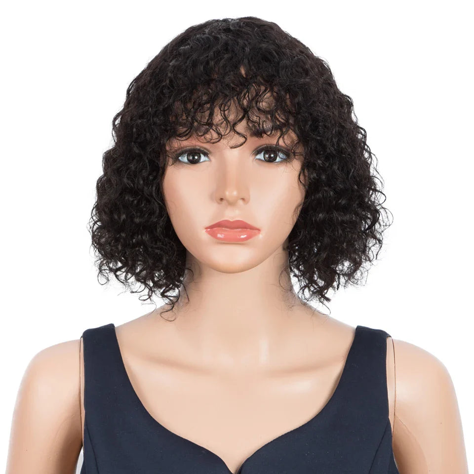 Trueme Curly Human Hair Wigs Colored Brazilian Bob Human Hair Wigs For Women Ombre Black Brown Deep Curly Full Wig With Bangs