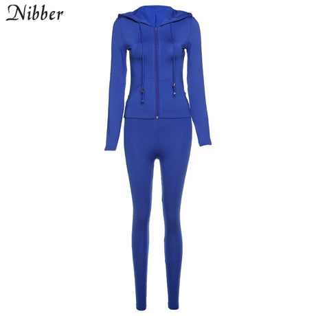 Nibber Sporty Casual Long Sleeve Hooded Zipper Solid two pieces set women Autumn Workout Skinny Top And Pants Matching Set mujer