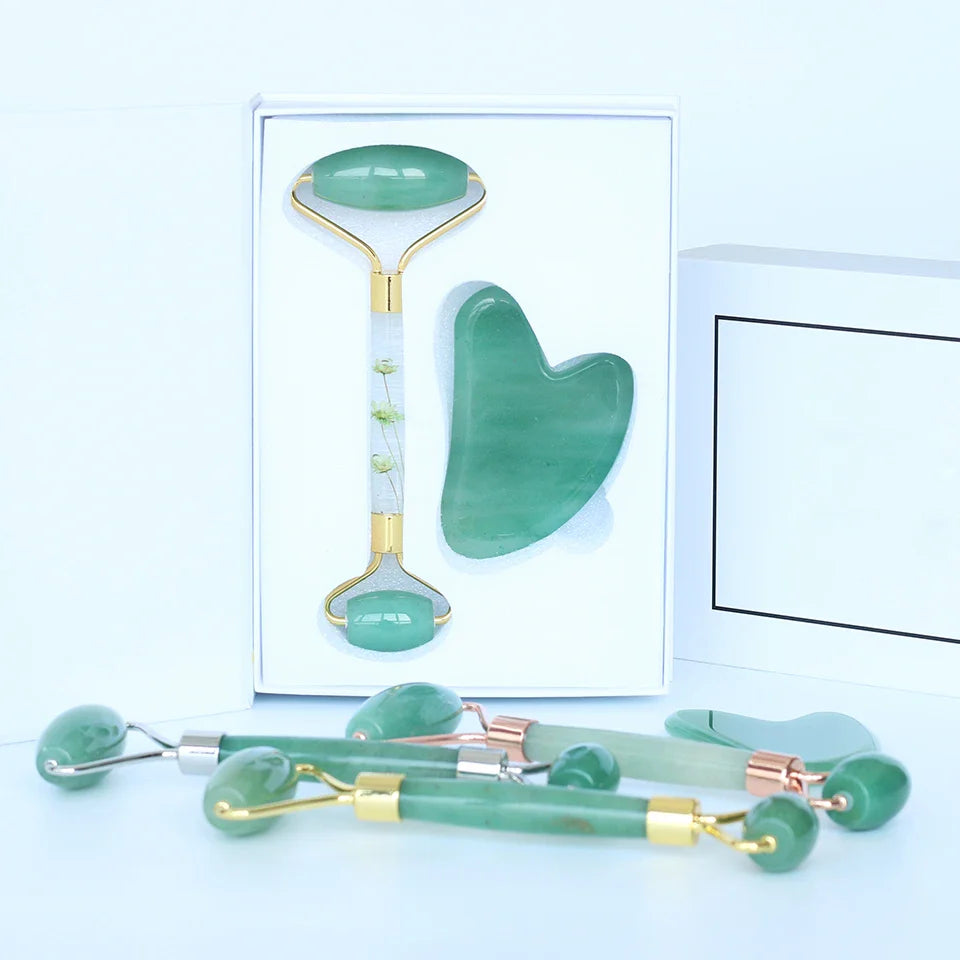 Natural Green Jade Roller Gua Sha Set Facial Body Massager Roller Jade Stone Massage Set Face Lifting Beauty Skin Care Tools