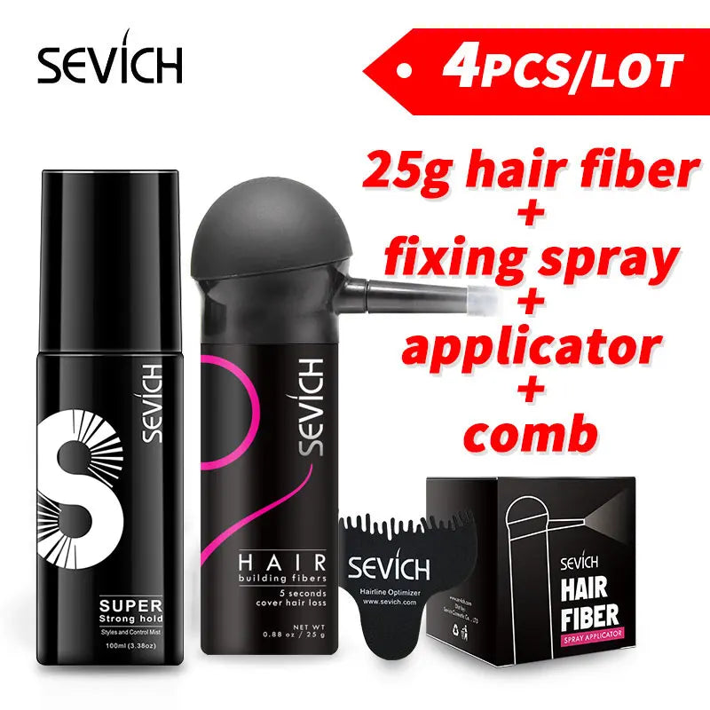 Hair Loss Product One Kit 4 pcs Hair Building Fiber Powder 25g Sevich Spray Applicator Pump Water Hold Spray Hair Growth Comb