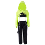 Girls Hip Hop Dance Sports Sets Kids Hooded Net Cover Up Crop Tops Vest And Pants Suit Fashion Jazz Modern Street Dance Costumes