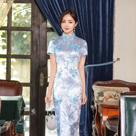 Sexy New Brocade Satin Long Fork Cheongsam Chinese Classic Women's Qipao Elegant Short Sleeve Novelty Wedding Evening Dress 4XL