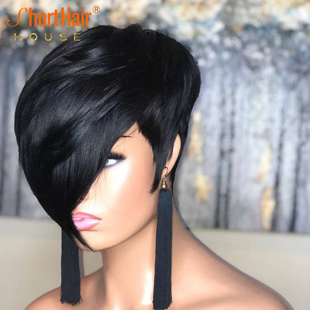 Pixie Short Cut Straight Bob Wig With Bangs For Black Women Brazilian Cheap Machine Made Human Hair Wig Natural Black Wigs