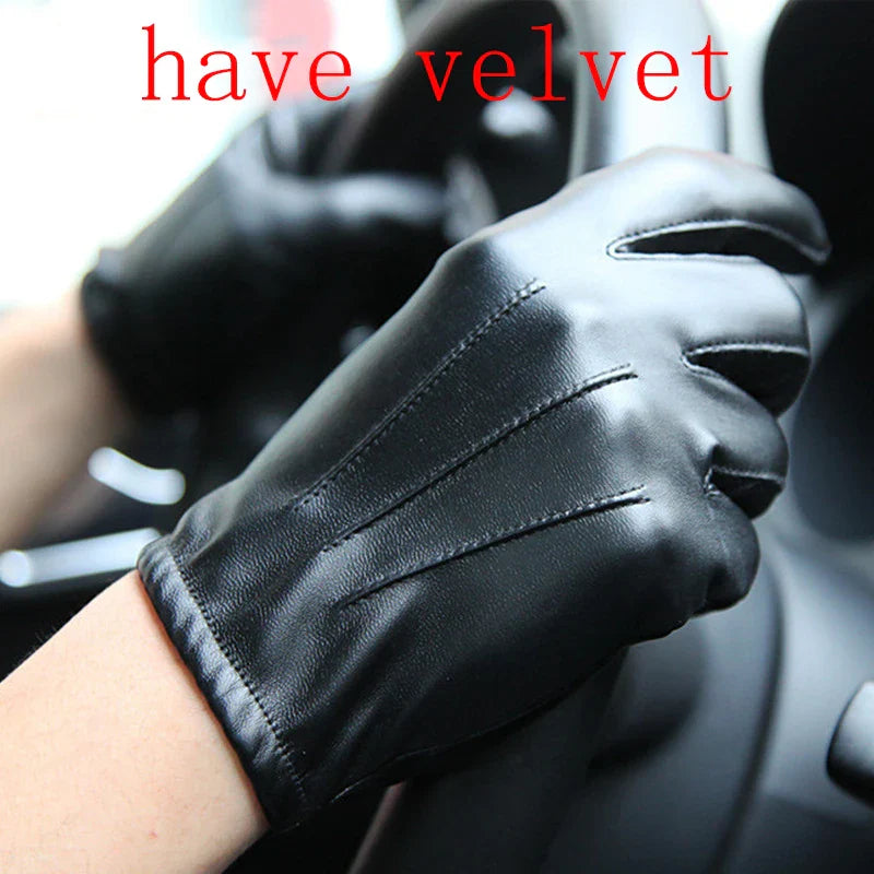 HOOLDW New Winter Gloves Men Women Black PU Leather Cashmere Warm Driving Gloves Mittens Touch Screen Waterproof Tactical Gloves