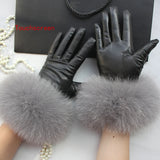 Real Sheepskin Fox Fur Gloves Women's Genuine Leather Glove Winter Warm Fashion Style Natural Fluffy Fox Fur Oversized Customize