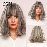 ESIN Synthetic Black Brown Medium Long Loose Body Wave Wig with Bangs Cosplay Daily Natural Wigs for Women Heat-resistant Hair