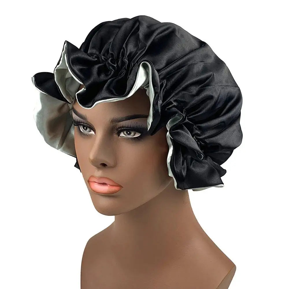 Oversized Plain Satin Bonnet For Women 2 Layers Head Wrap Bonnet Nightcap Satin Cheveux Nuit Hair-Waving Cap Hair Accessories