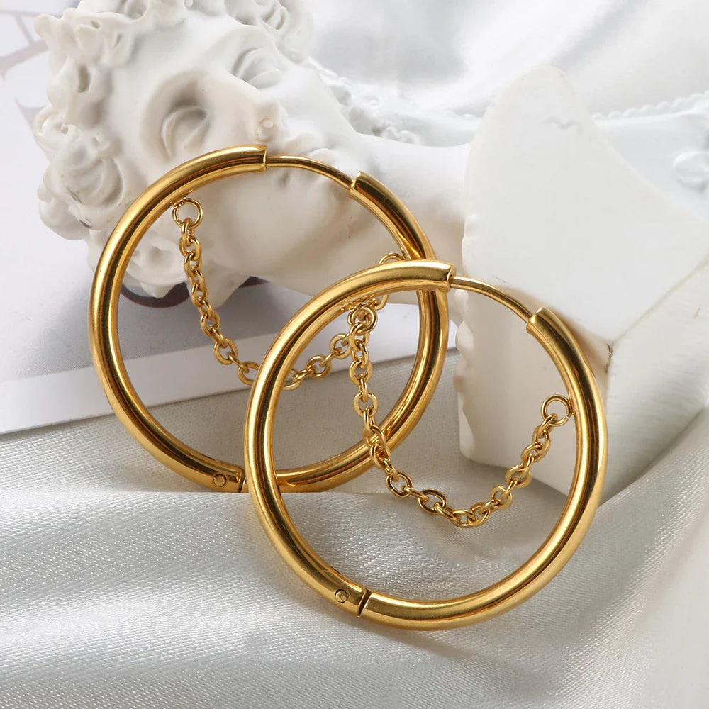 2PC /Set Stainless Steel Small Hoop Earrings for Women Golden Circle Thick Ear Ring Piercing Tassel With Chain Earrings Jewelry