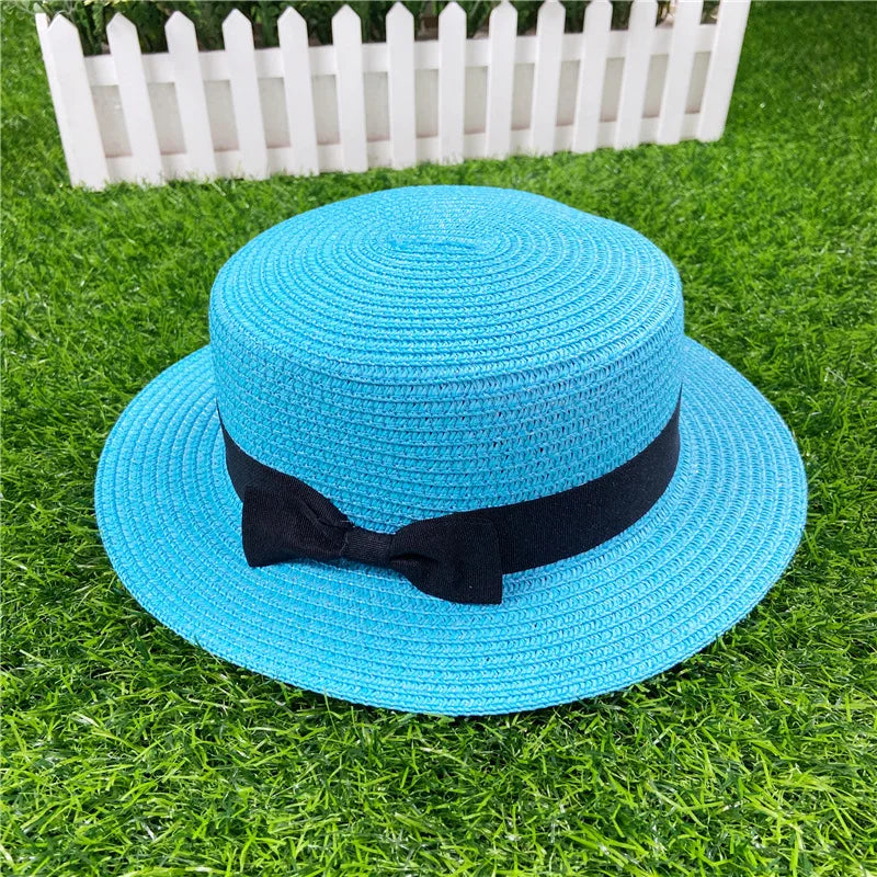 Summer New Women's Sun Hat Bucket cap Ribbon Flat top Straw Hats Beach Caps Panama Women Sun Hat Brim Bowknot  Straw Outdoor Hat