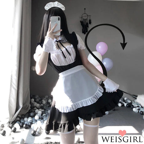 Sexy Nightdress Cute Lace Up Black and White Maid Dress Role Play Costume Transparent Chiffon Cosplay Anime Uniform Temptation