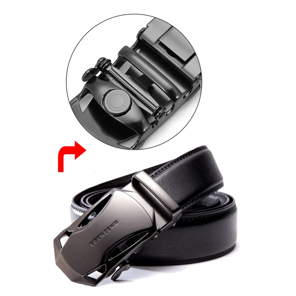 BISON DENIM Men's Belt Cow Leather Belts Brand Fashion Automatic Buckle Black Genuine Leather Belts for Men 3.4cm Width N71314