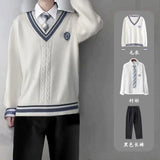 Autumn And Winter College Style V-neck Knitted Sweater Unisex Student Shirt Sweater Pants 3-pcs JK Uniform Couple Class Service