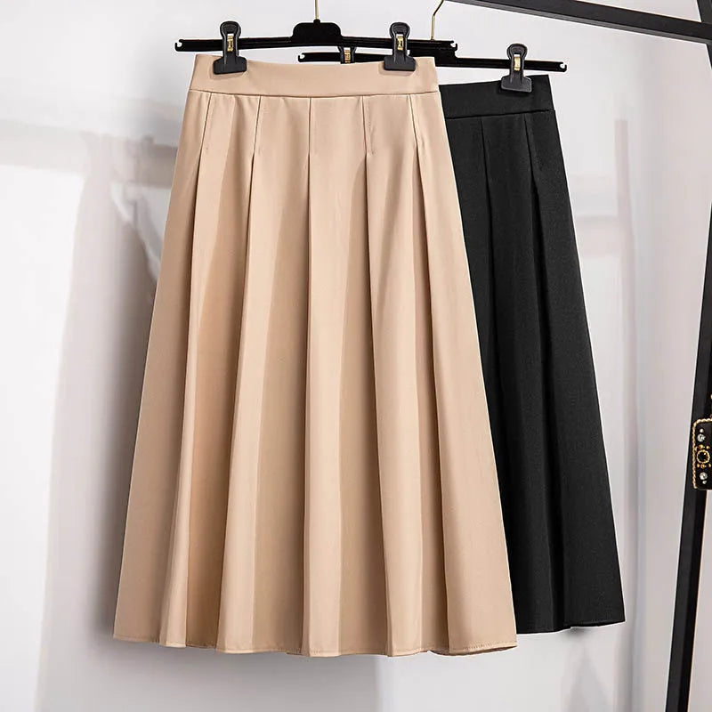 155Kg Plus Size Women's Summer Loose A-Line Pleated Skirt 5XL 6XL 7XL 8XL 9XL 10XL High Waist Temperament Skirt Bblack Apricot