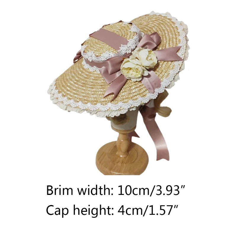 Japanese Lolita Sweet Handmade Straw Sun Hat Lace Patchwork Ribbon Bandage Bowknot Wide Brim Elegant Tea Party Beach Flat D0LF