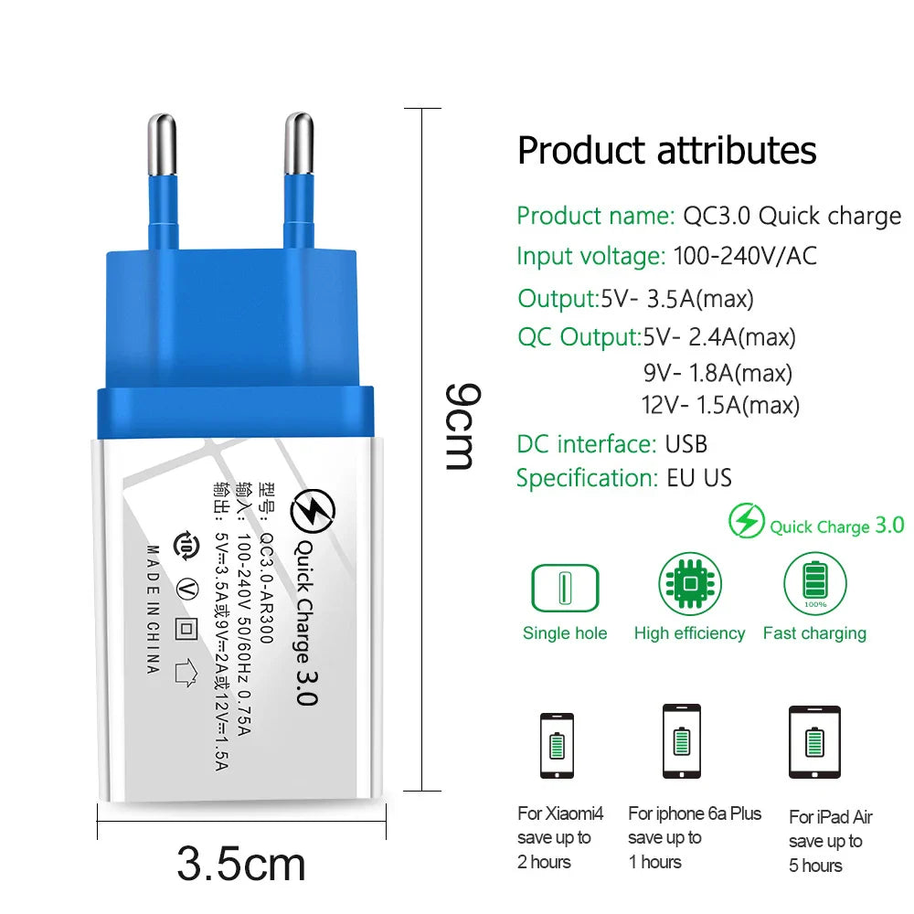 QC 3.0 USB Charger Quick charge 3.0 for iphone Samsung Xiaomi Huawei EU Adapter Charging Mobile Phone Charger Micro USB C Cable