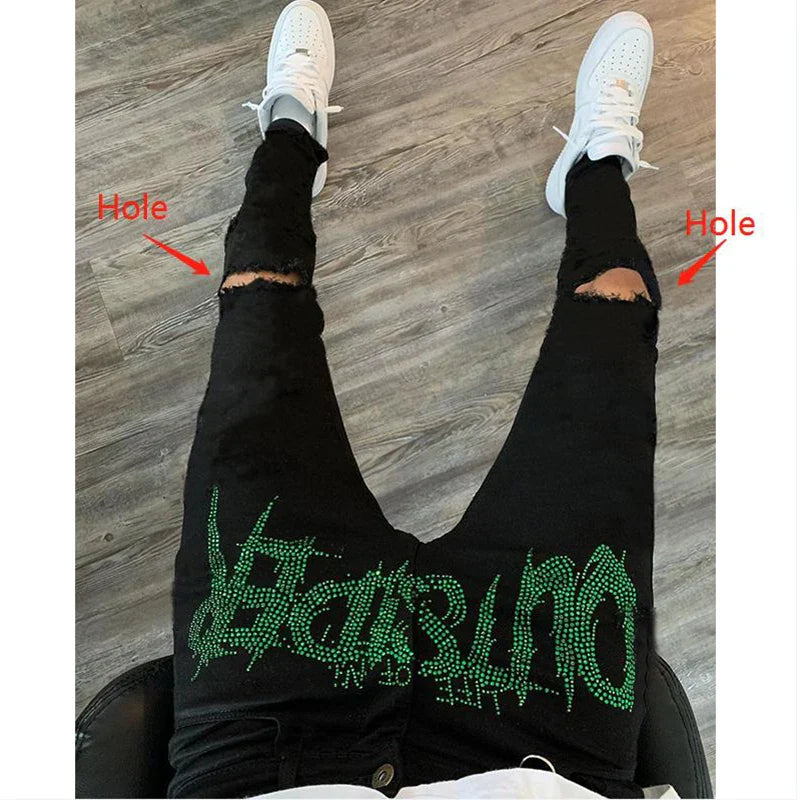 New Men Trend Black Ripped Jeans Fashion Street Hole Trousers Cozy Skinny Design Hot Rhinestone Stretch Soft Washed Denim Pants