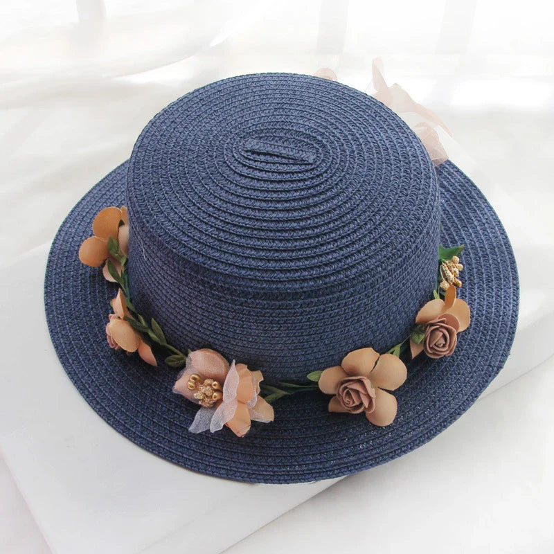 2019 Parent-child Summer New Women's Sun Hat Bucket cap beige lace Bowknot Flowers Ribbon Flat top Straw Hat Beach Caps Panama